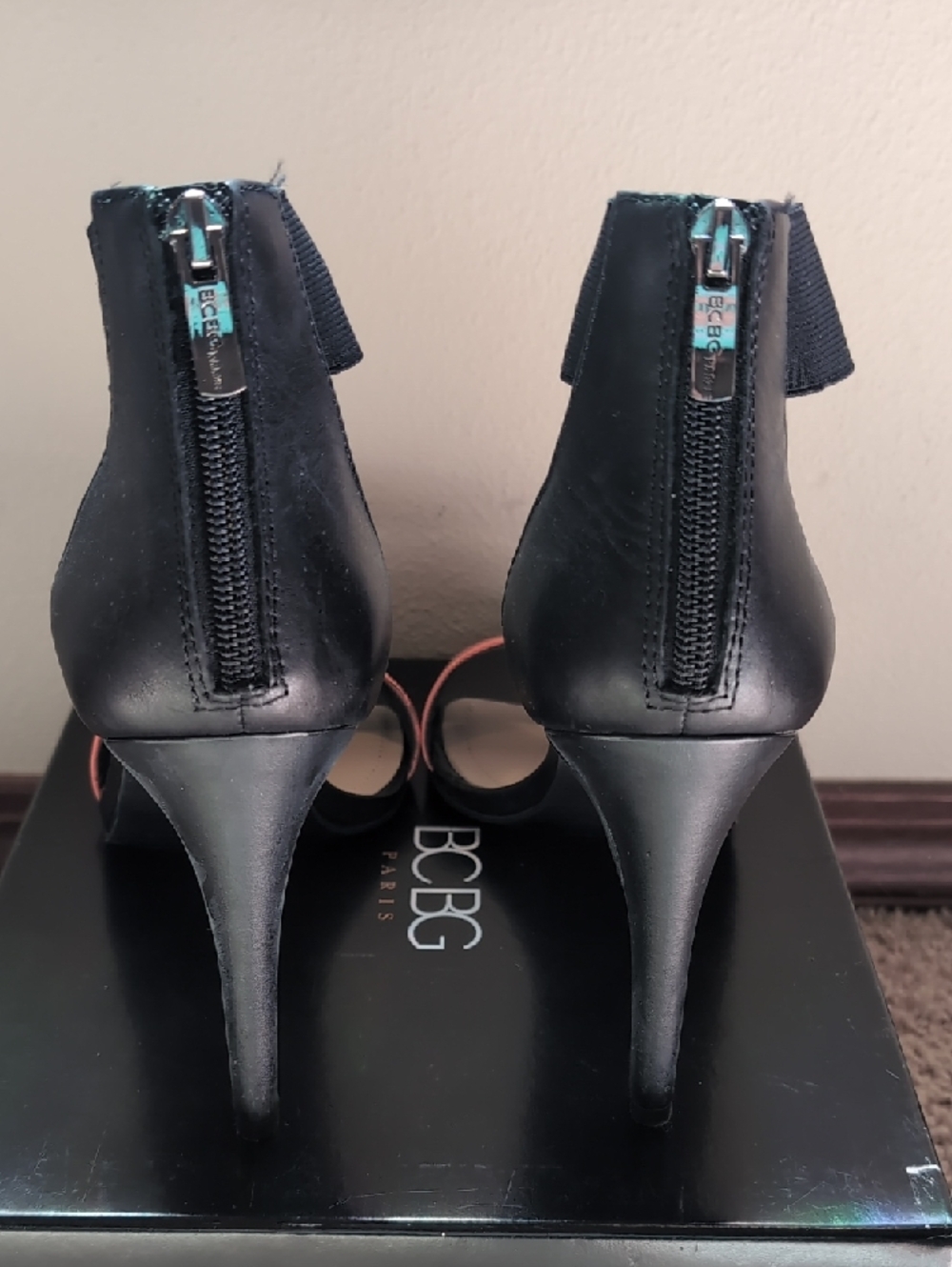 BCBG Black and Coral Open-Toe Ankle Strap Heels - Picture 5 of 6